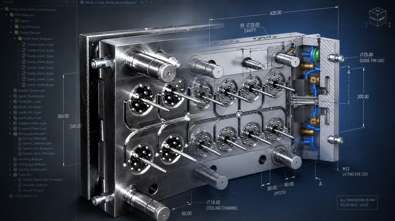 3D Design CAD — Matriță injecție cu dimensiuni și specificații tehnice — Dinamic SRL